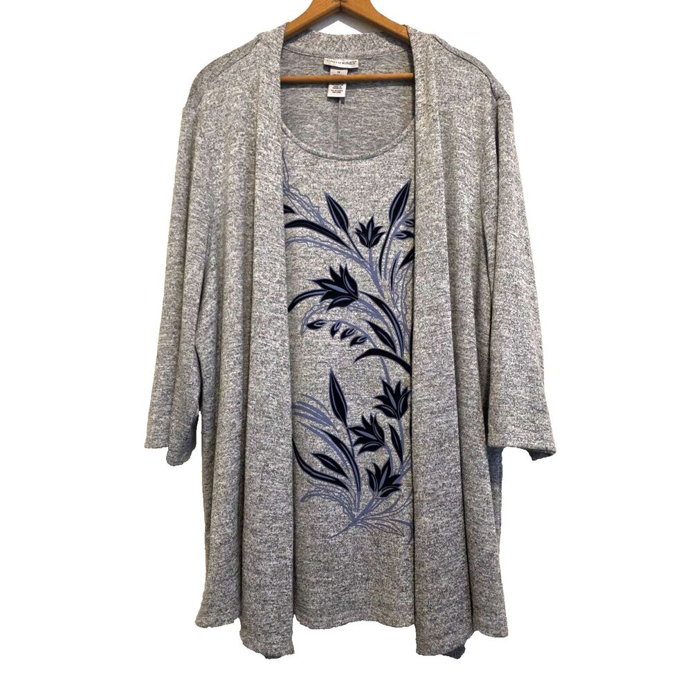 Catherines Layered Look Top Gray & Blue Floral Pullover Women's 1X=18/20W